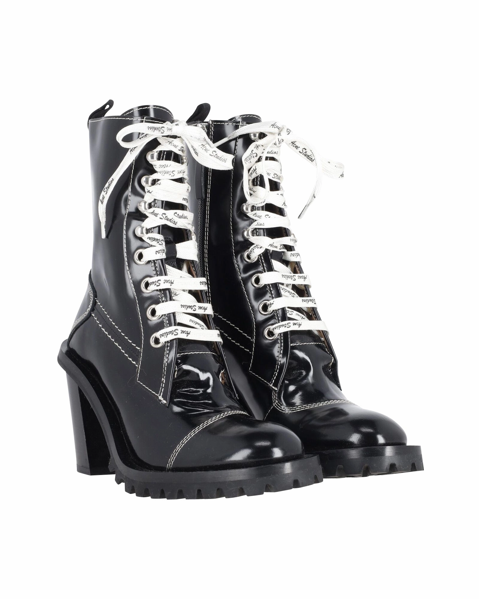 Acne Studios Laced-Up Combat Boots in Black Patent Leather