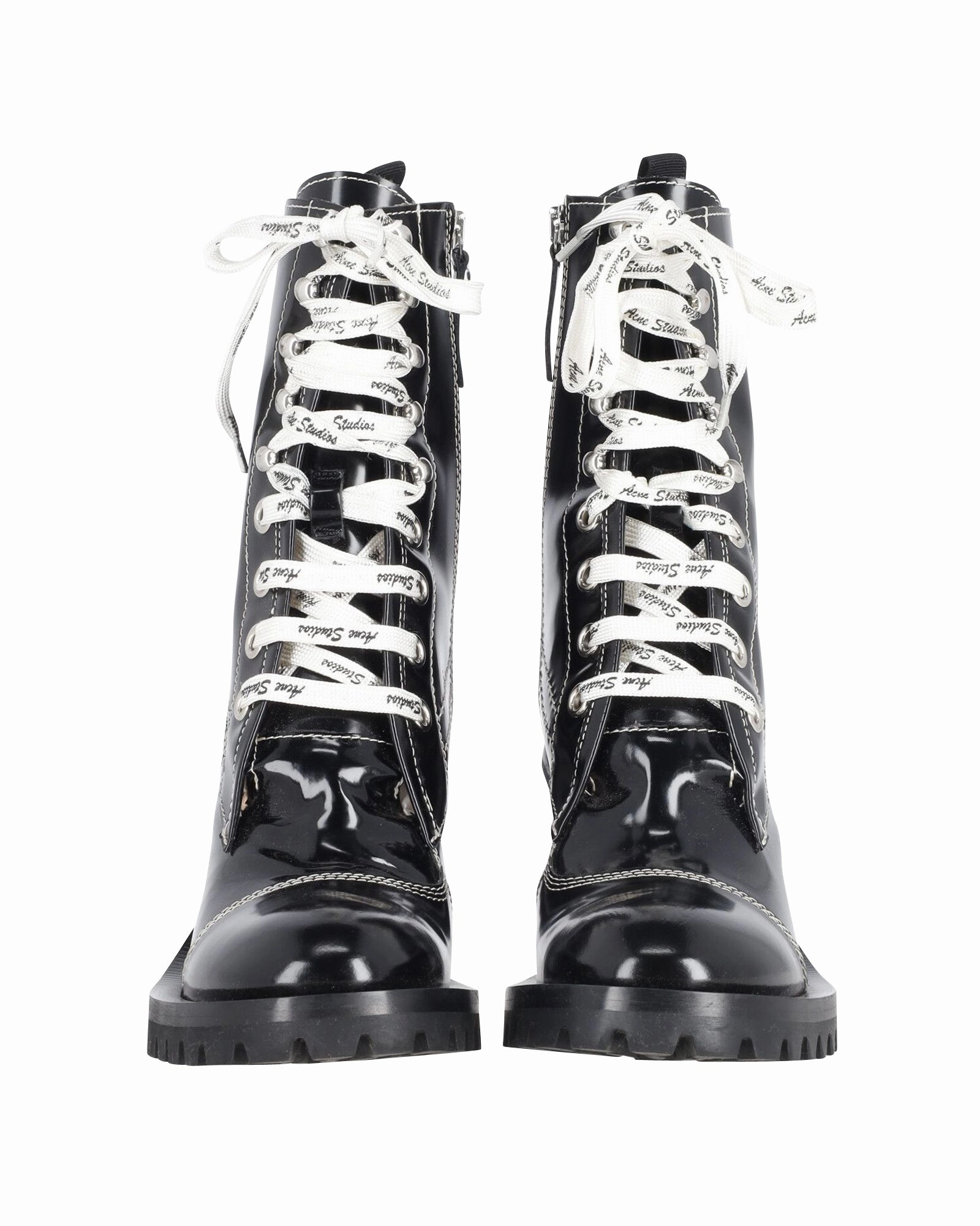 Acne Studios Laced-Up Combat Boots in Black Patent Leather