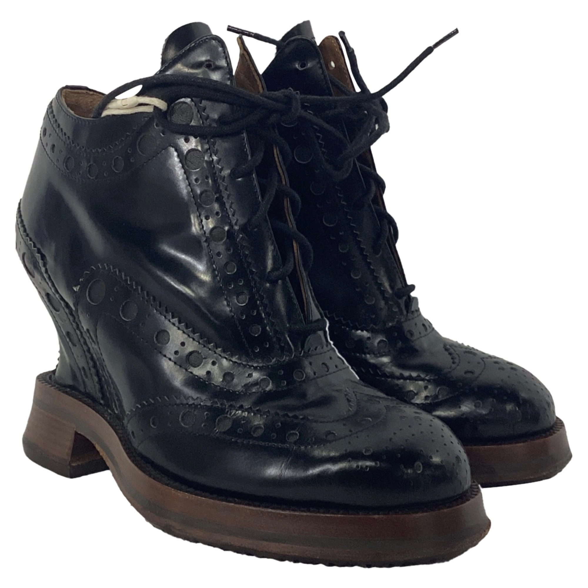 Acne Studios Spin Brogue Wedge Boots in Black Leather