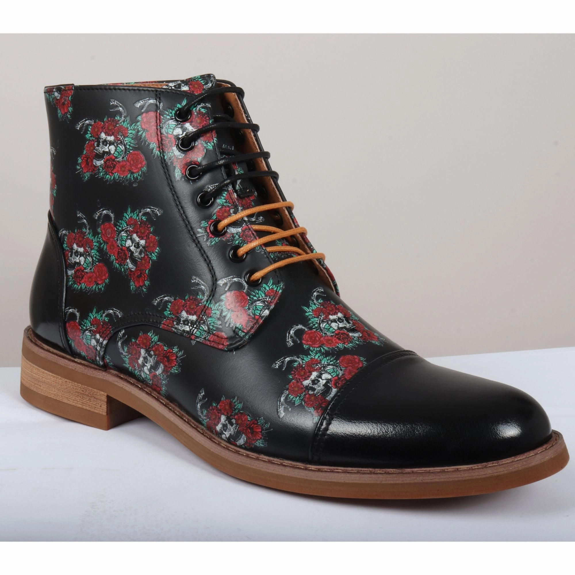 Adam Oxford Floral Skull Print Lace Up Leather Dress Ankle Boots