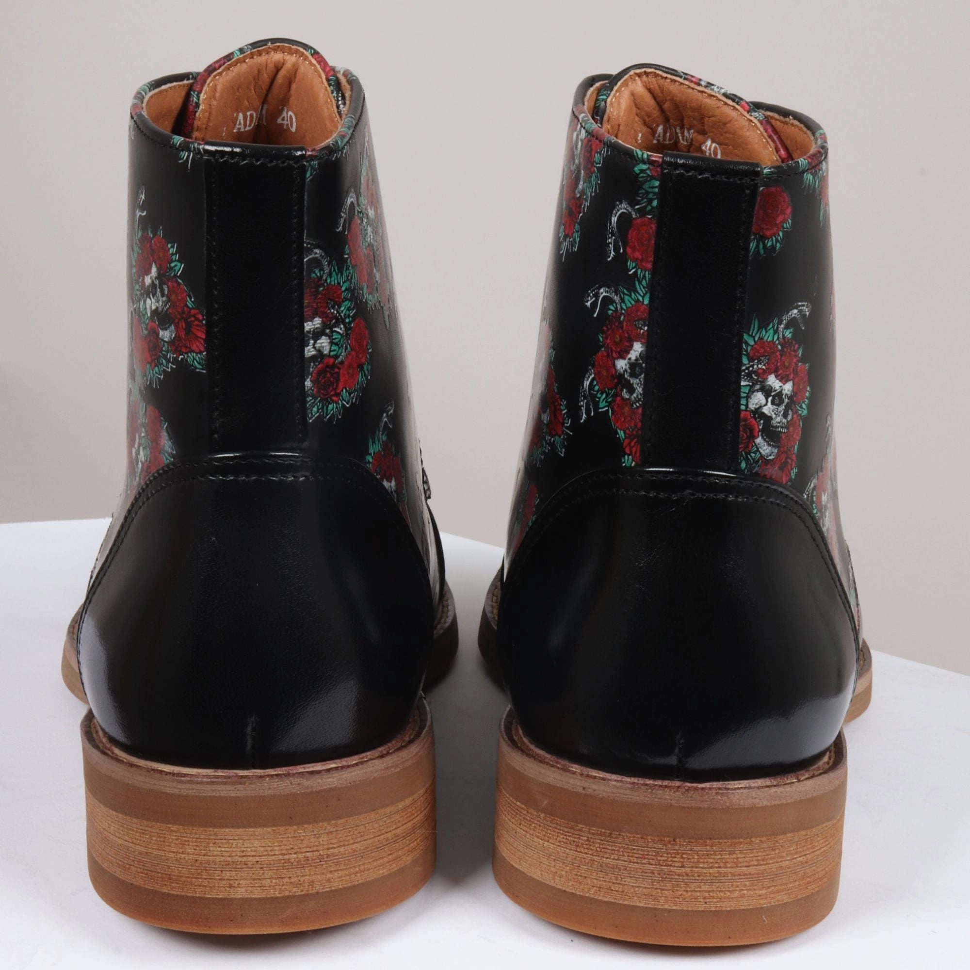 Adam Oxford Floral Skull Print Lace Up Leather Dress Ankle Boots