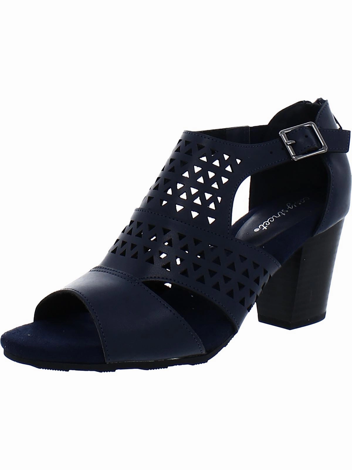 Adara Womens Faux Leather Laser Cut Block Heels Promo offer on Womens Sandals