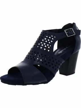 Adara Womens Faux Leather Laser Cut Block Heels Promo offer on Womens Sandals