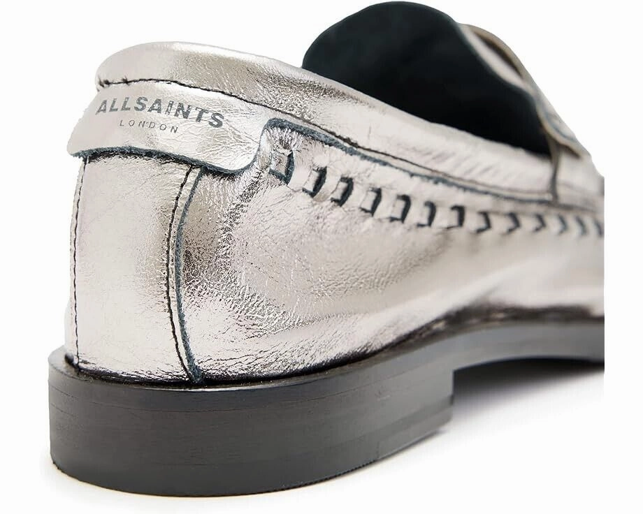 AllSaints Sofie WF646Y Loafers Women's US 6 Silver Leather Slip On Shoes ZPO1086