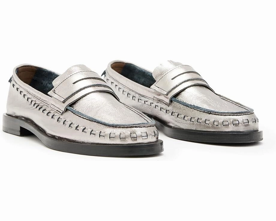 AllSaints Sofie WF646Y Loafers Women's US 6 Silver Leather Slip On Shoes ZPO1086 Womens Sports Shoes clearance