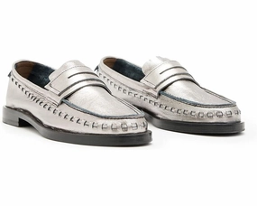 AllSaints Sofie WF646Y Loafers Women's US 6 Silver Leather Slip On Shoes ZPO1086 Womens Sports Shoes clearance