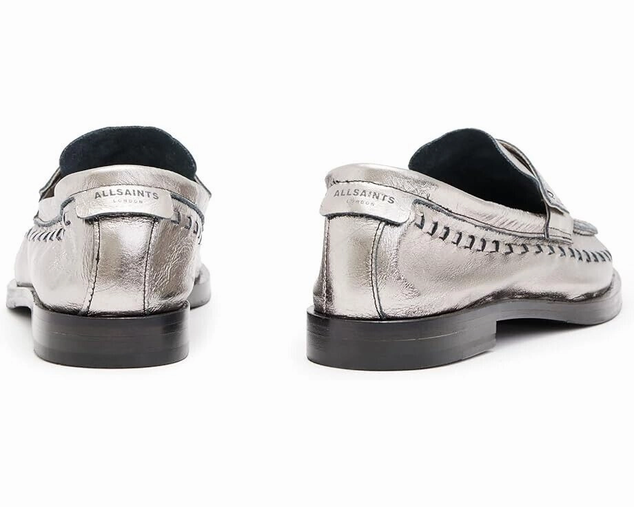 AllSaints Sofie WF646Y Loafers Women's US 6 Silver Leather Slip On Shoes ZPO1086