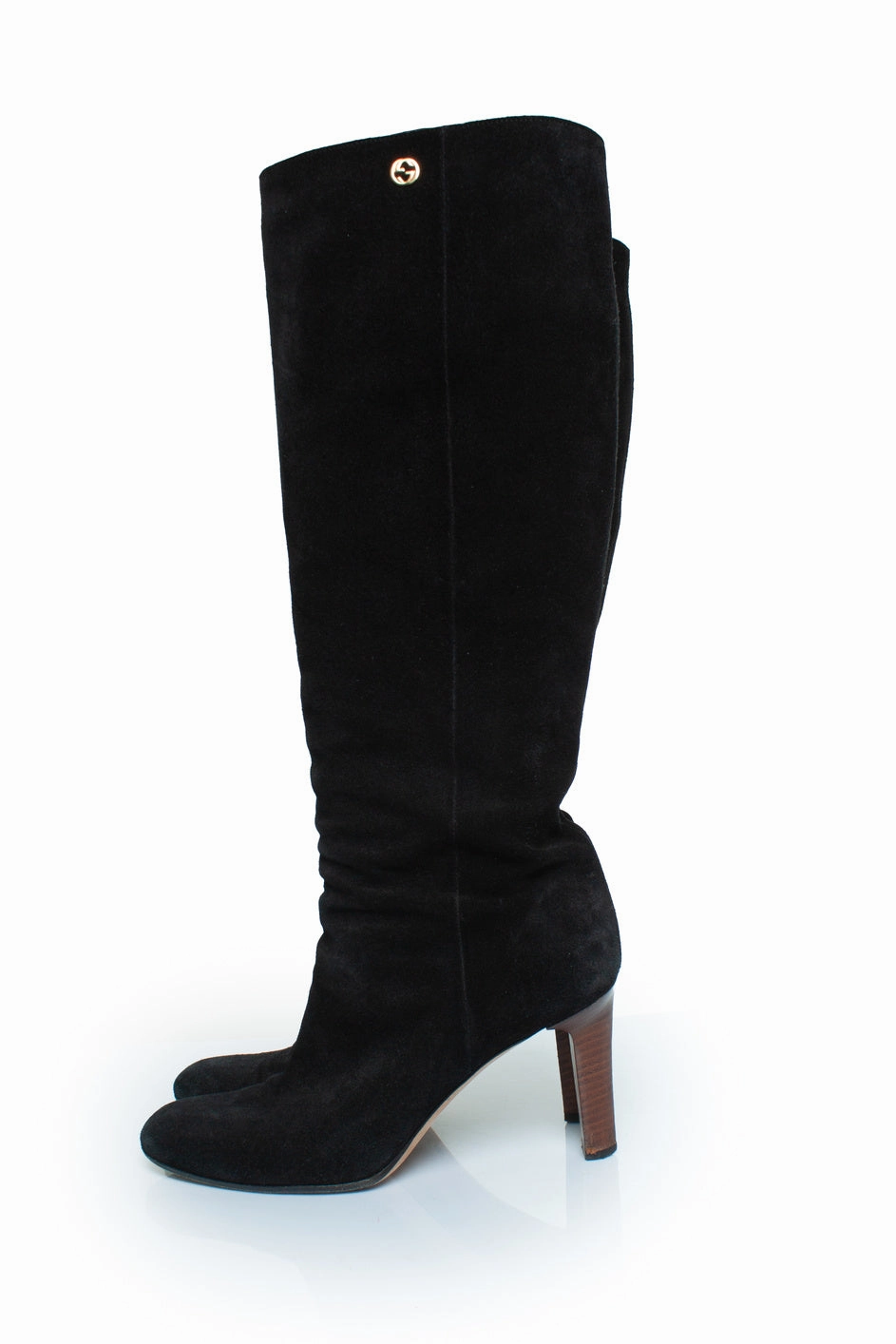 Black suede knee boots with GG logo