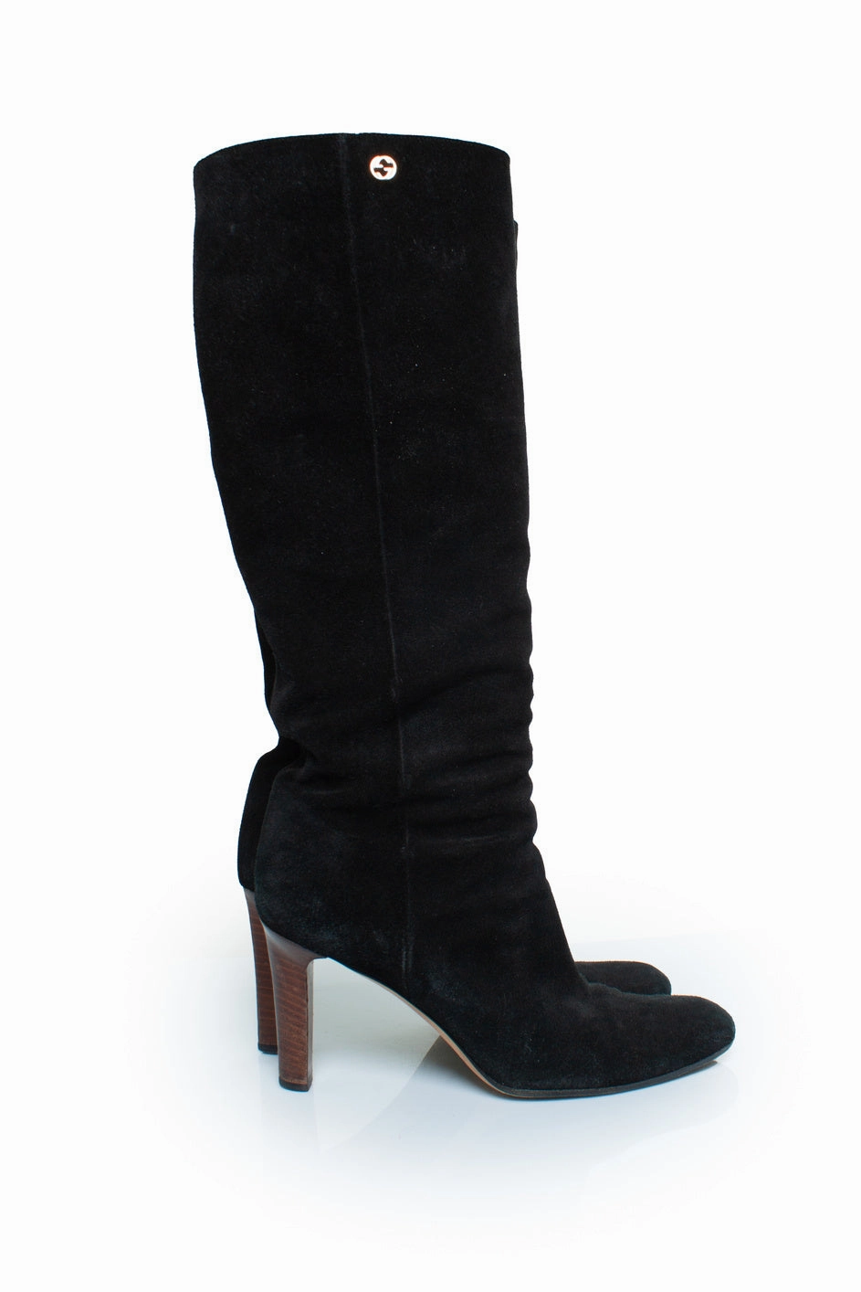 Black suede knee boots with GG logo