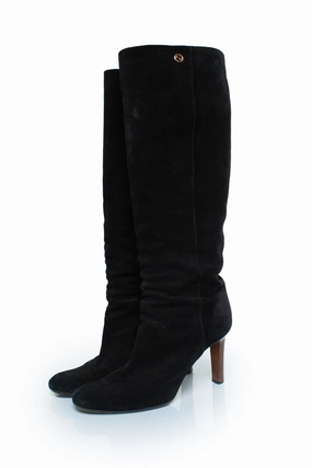 Black suede knee boots with GG logo Promo on Womens Fashionable Boots