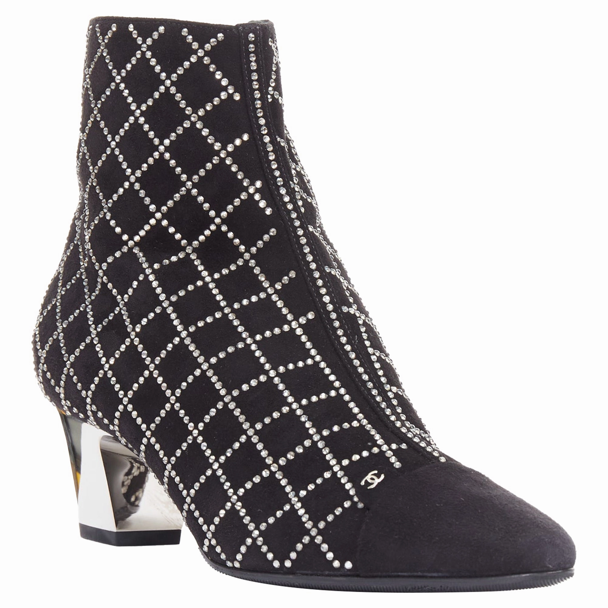 Chanel black suede crystal heel boots