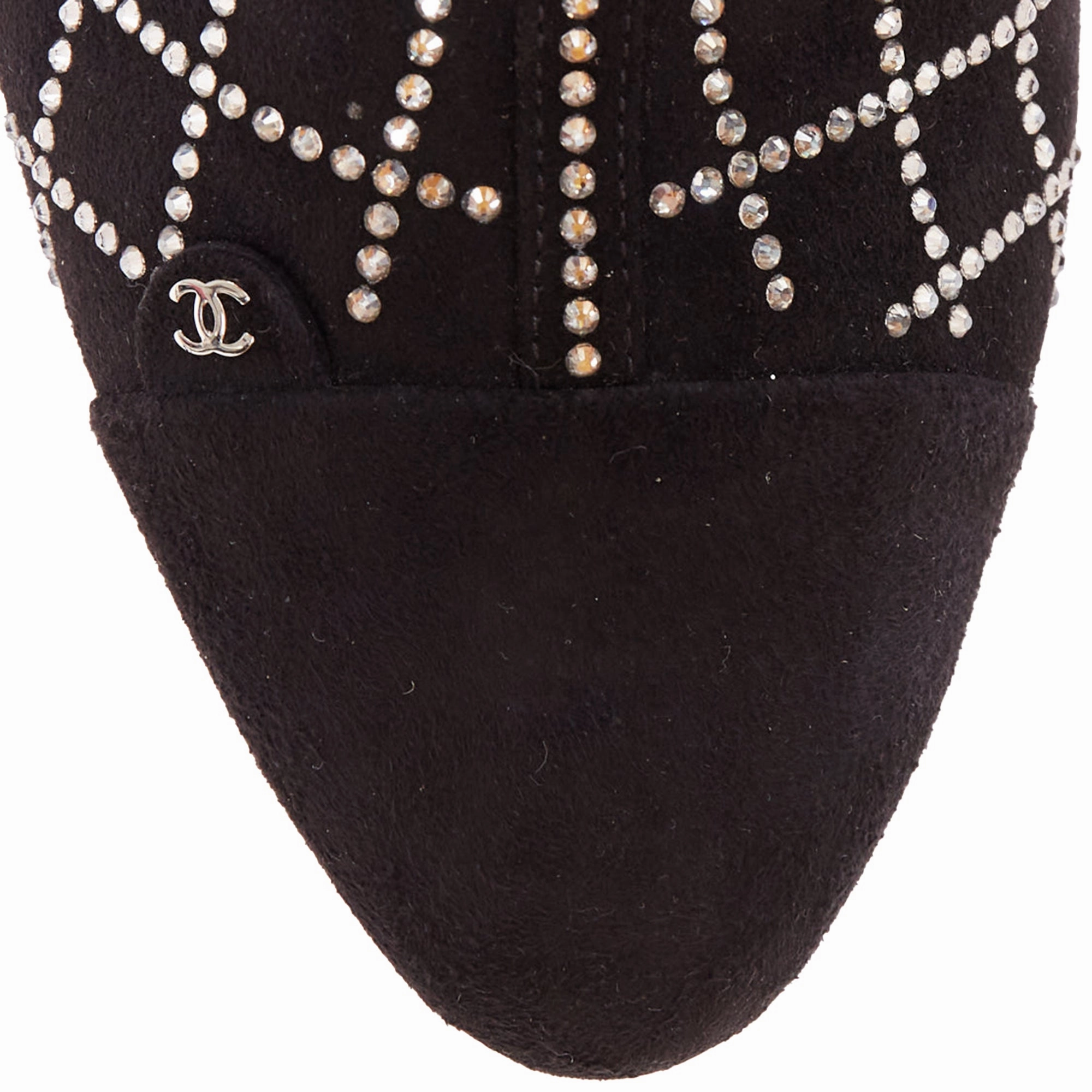 Chanel black suede crystal heel boots