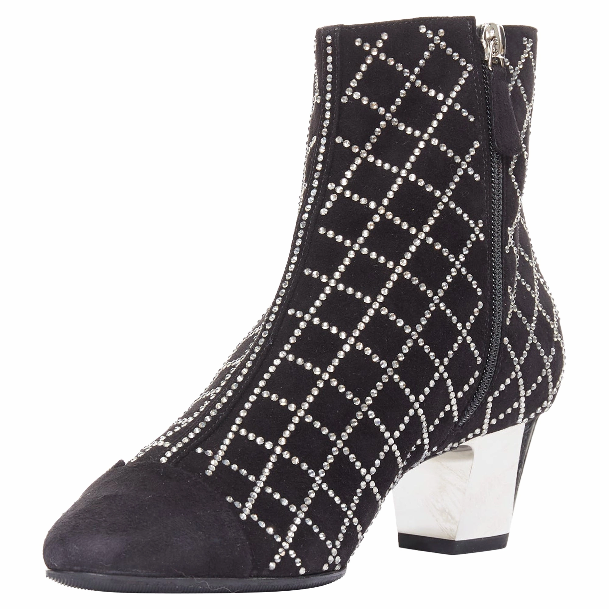 Chanel black suede crystal heel boots