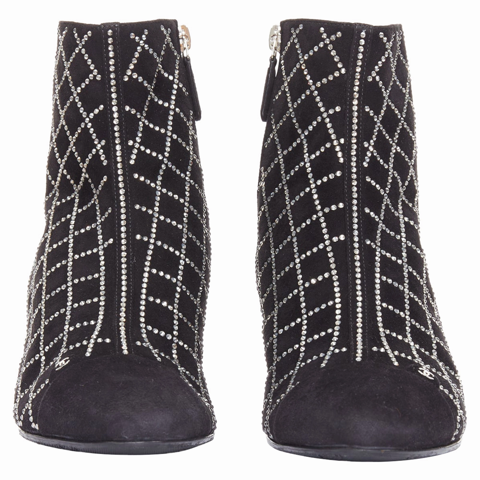 Chanel black suede crystal heel boots