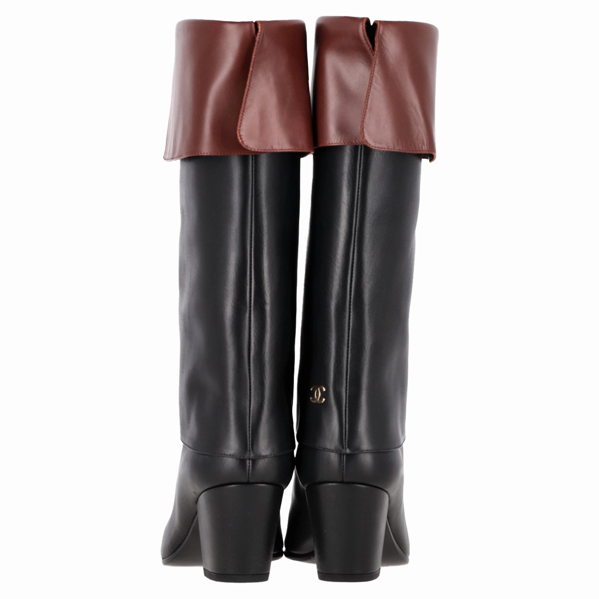 Chanel CC Foldover Mid-Calf Boots in Black Leather