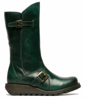 Fly London Womens Green MES 2 Wedge Heel Buckle Mid-Calf Leather Zip Platform Boots Womens Fashion Boots outlet store