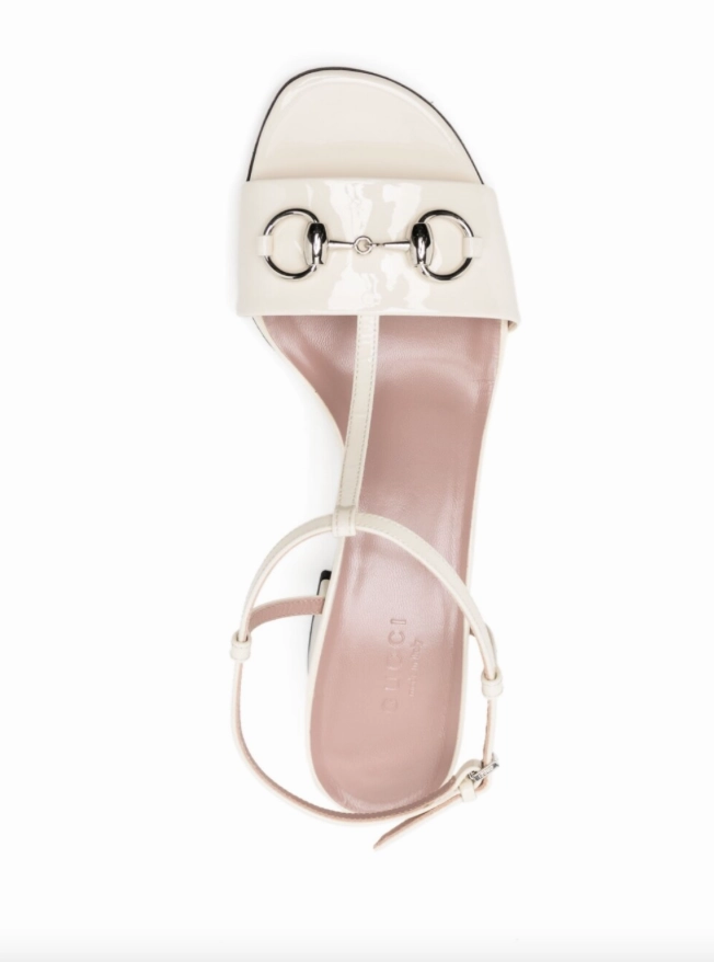 Gucci Off-white patent t-strap horsebit sandals