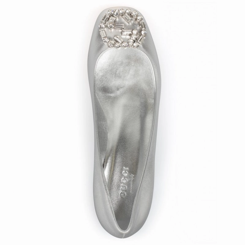 Gucci Silver metallic leather GG sparkling ballerina shoes