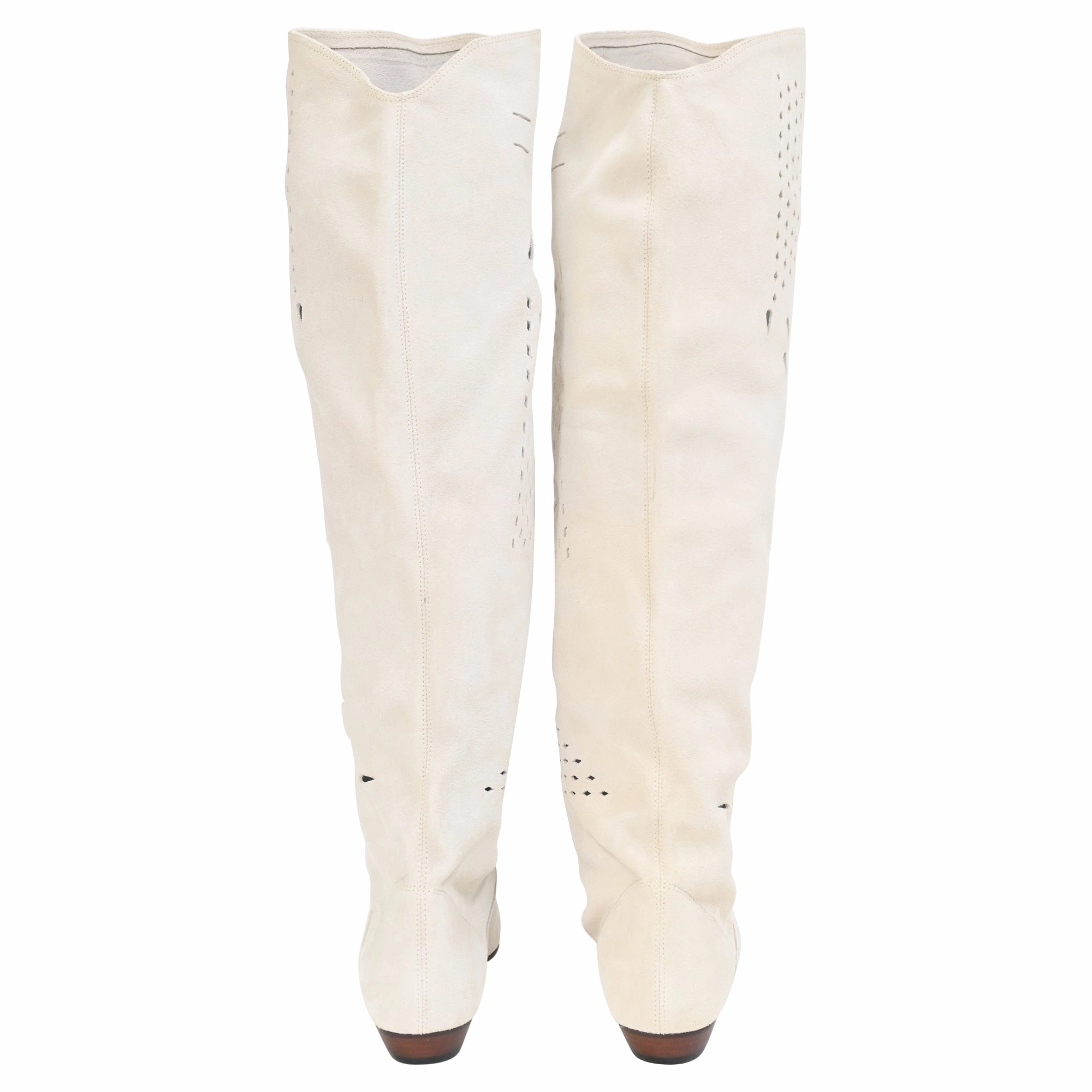 Isabel Marant Soren Perforated Knee-High Boots in White Suede