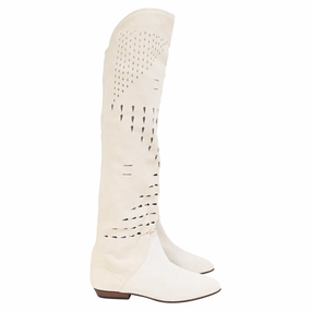 Isabel Marant Soren Perforated Knee-High Boots in White Suede Promo on Womens Fashionable Boots