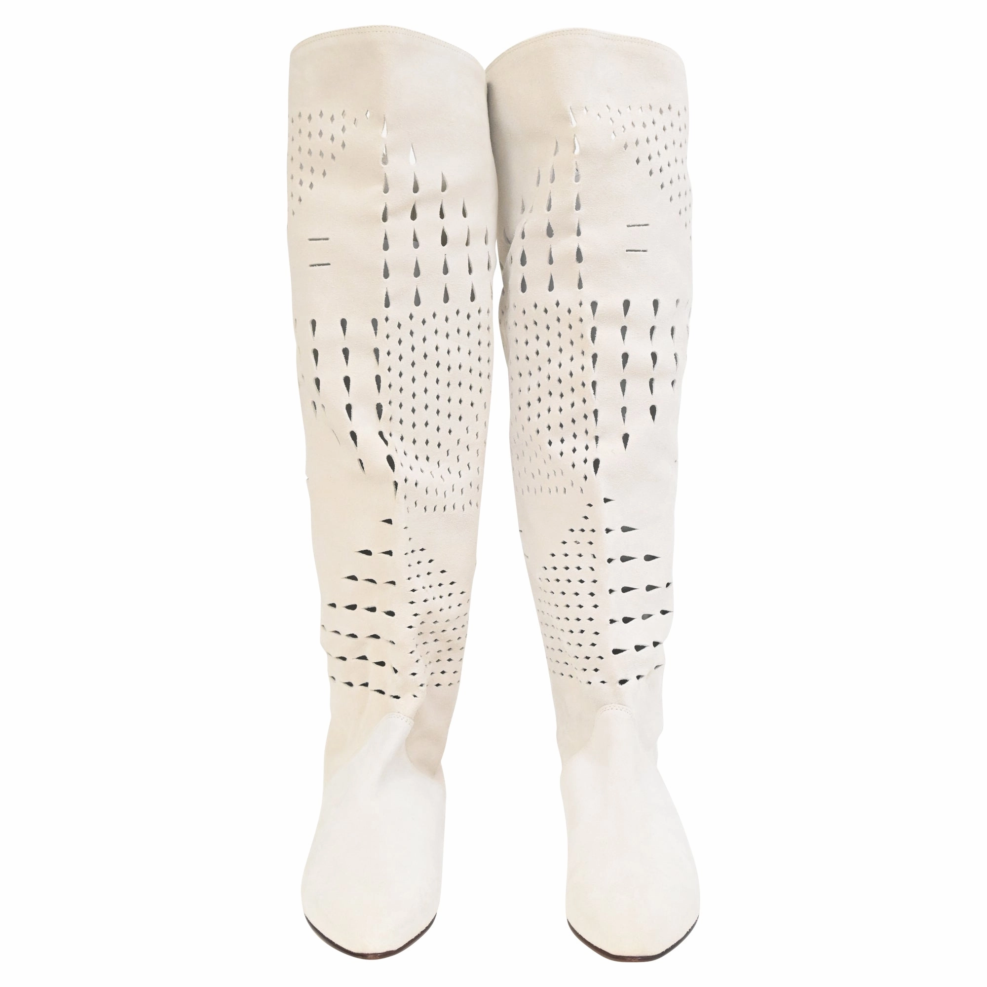 Isabel Marant Soren Perforated Knee-High Boots in White Suede