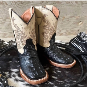 Kids Boy's Caiman Hornback Print Boots In Black/tan Boys Boots online deals