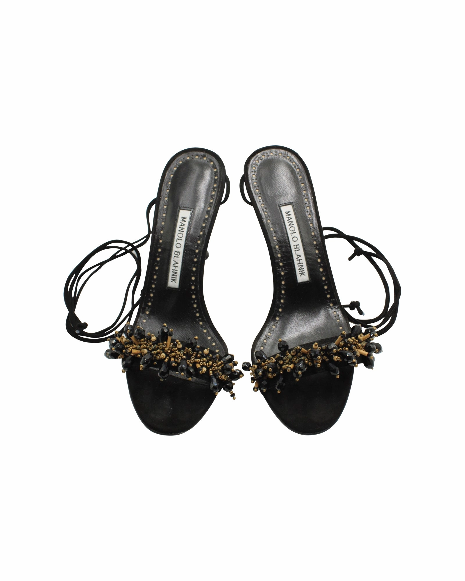 Manolo Blahnik Embellished Strappy Sandals in Black Leather