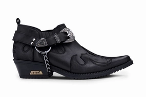 Men's Black Leather Metal Chain Winklepicker Cowboy Shoes Cheap Mens Boots & Chukkas