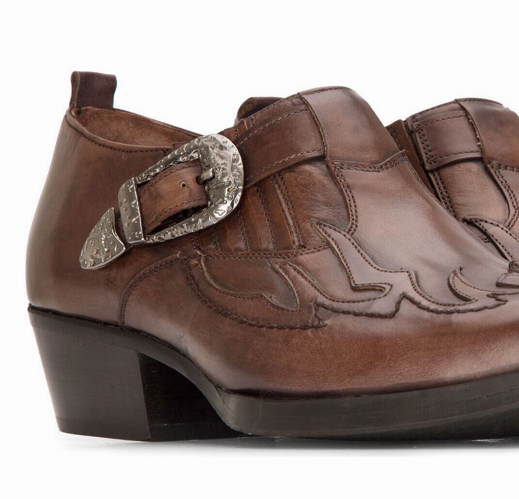 Men's Leather Western Shoes Brown Cuban Cowboy Winklepickers Classic Buckle Shoe