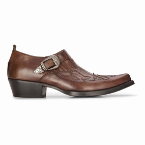 Men's Leather Western Shoes Brown Cuban Cowboy Winklepickers Classic Buckle Shoe Cheap Mens Boots & Chukkas