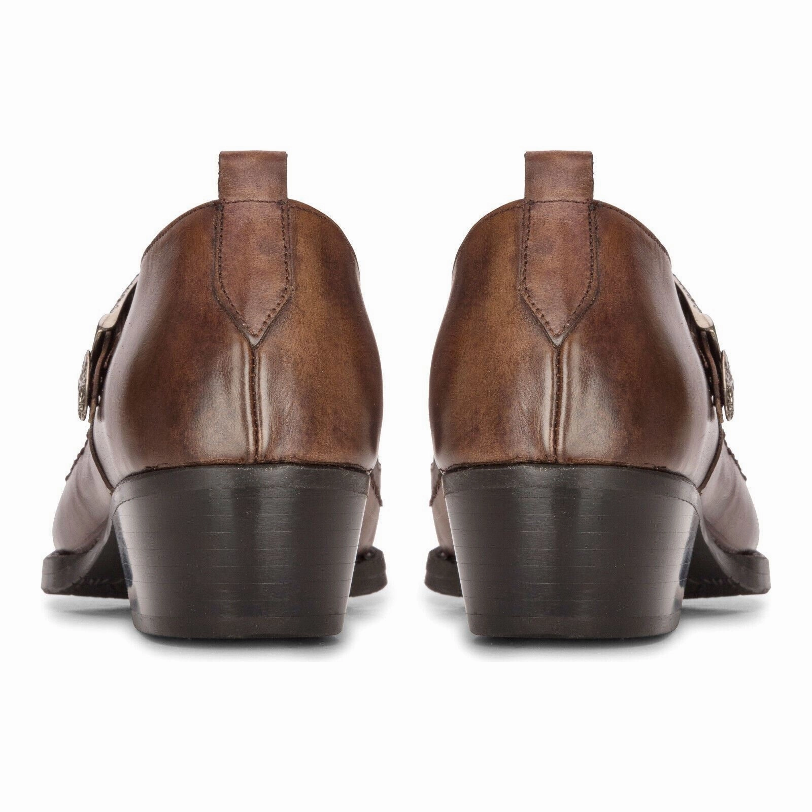 Men's Leather Western Shoes Brown Cuban Cowboy Winklepickers Classic Buckle Shoe