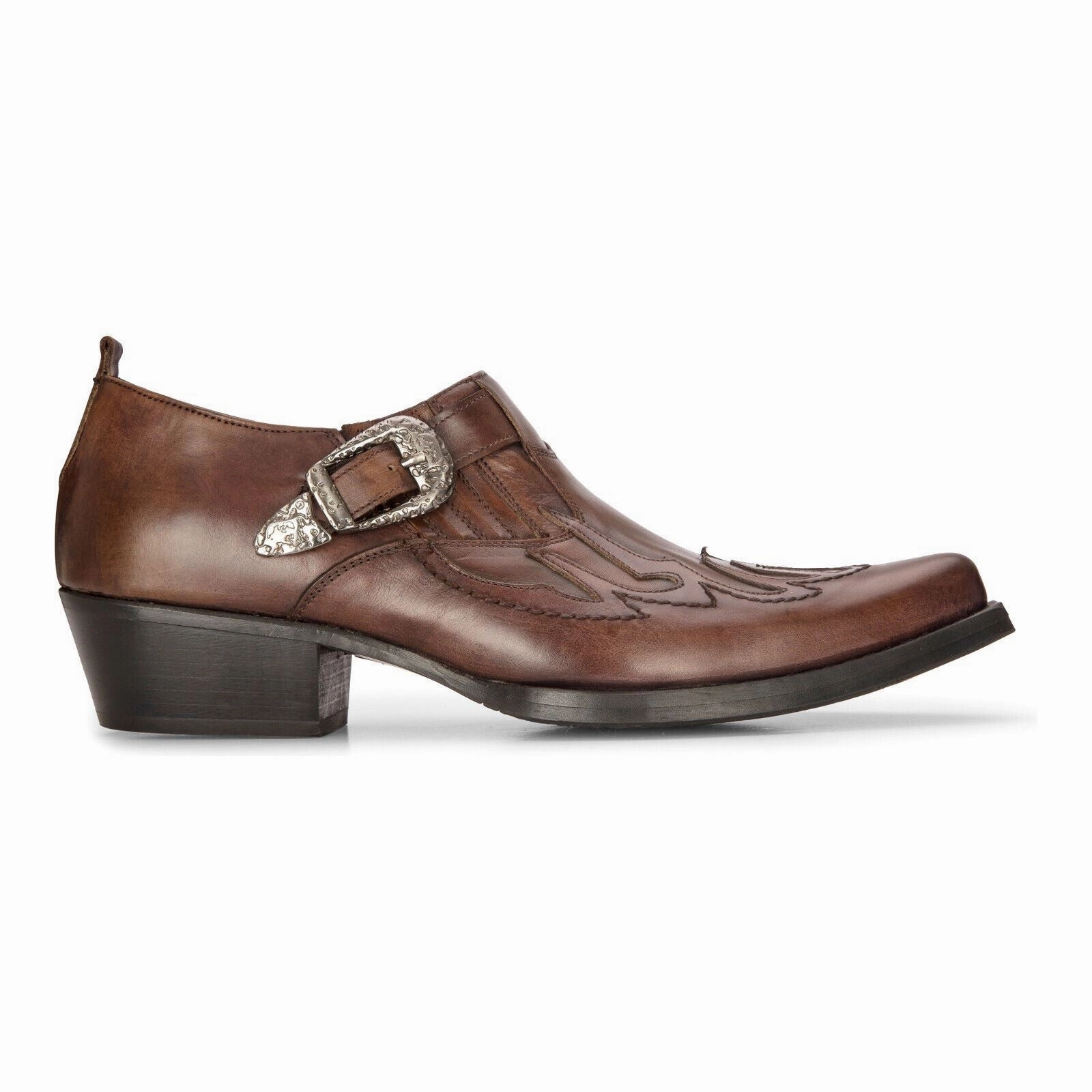 Men's Leather Western Shoes Brown Cuban Cowboy Winklepickers Classic Buckle Shoe Cheap Mens Boots & Chukkas