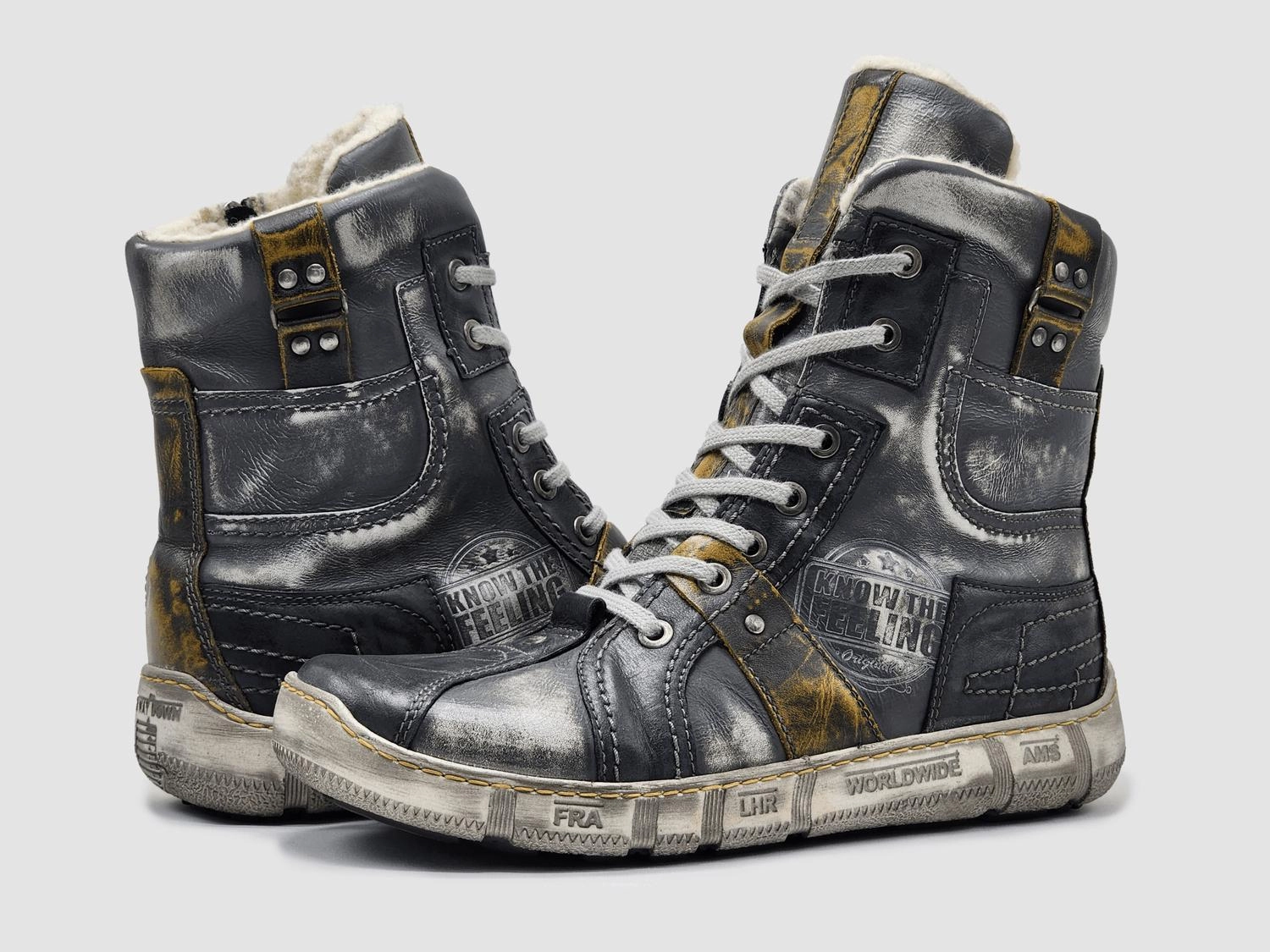 Men's Tall Comfort Thick Wool Lined Zip-Up Leather Boots In Grey/yellow Cheap Mens Boots & Chukkas
