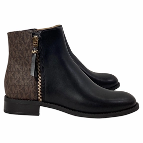 Michael Kors Britt Signature Logo Trim Ankle Boot in Black and Brown Leather Promo on Womens Fashionable Boots