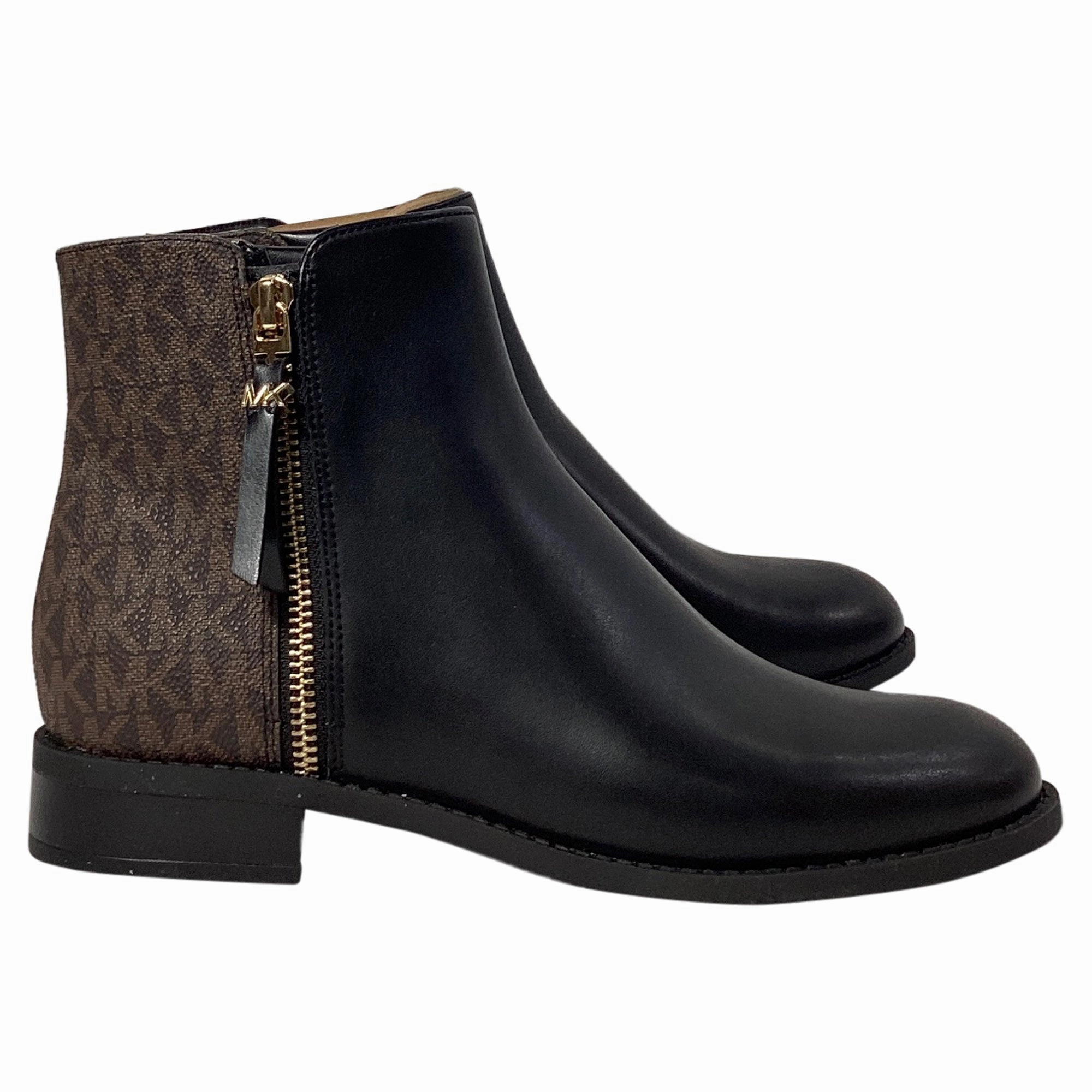 Michael Kors Britt Signature Logo Trim Ankle Boot in Black and Brown Leather Promo on Womens Fashionable Boots