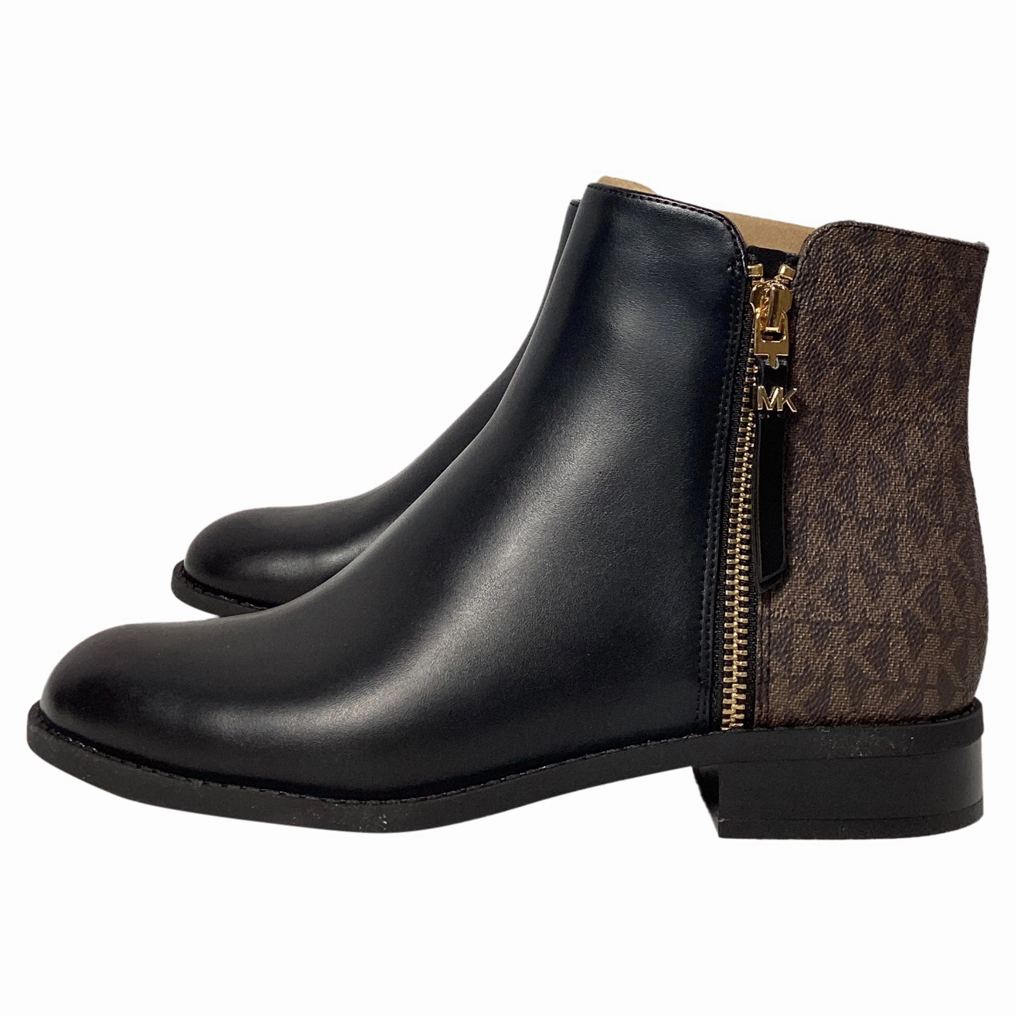 Michael Kors Britt Signature Logo Trim Ankle Boot in Black and Brown Leather