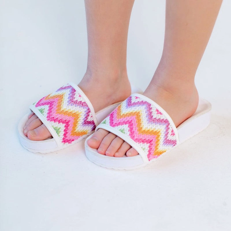 Miss Amber Slide in White Multi Zig Zag - Kids