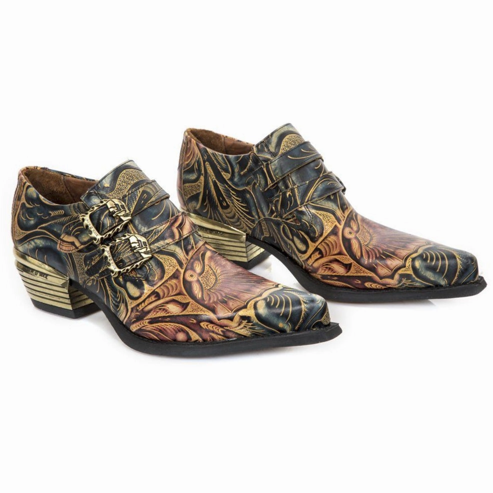 New Rock Embossed Vintage Black Leather Buckled Shoes- M-7960-S14