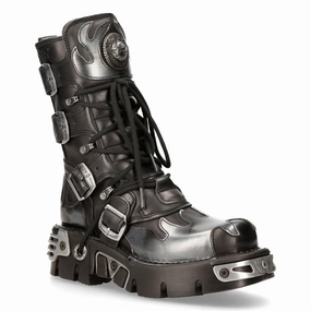 New Rock Flame Accented Black/Silver Leather Boots-591-S2 Womens Fashion Boots outlet store