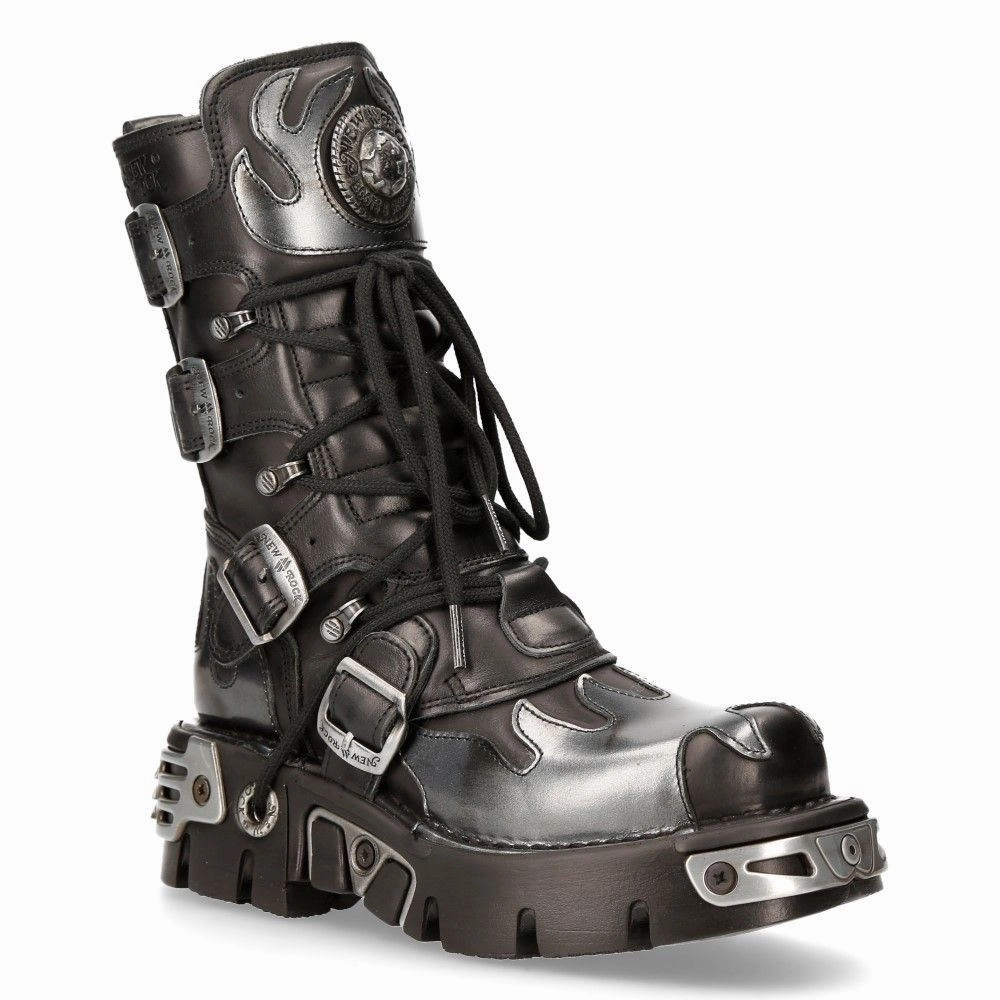 New Rock Flame Accented Black/Silver Leather Boots-591-S2 Womens Fashion Boots outlet store