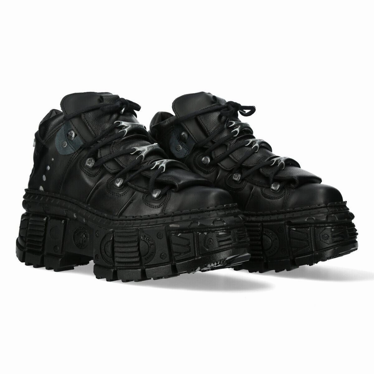 New Rock Metallic Ankle Black Leather Boots-WALL106-S12