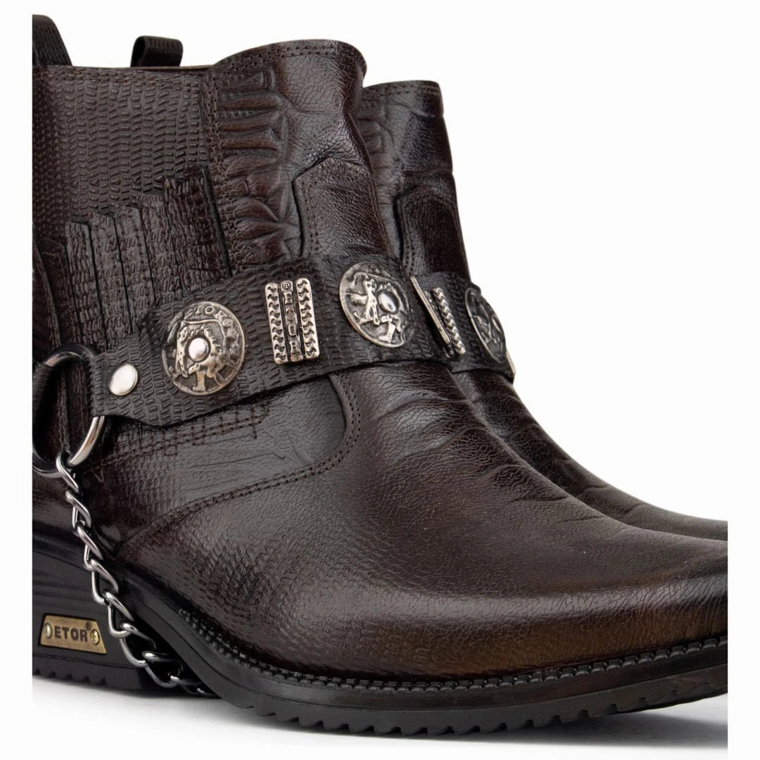 Real Leather Cowboy Ankle Boots With Chain