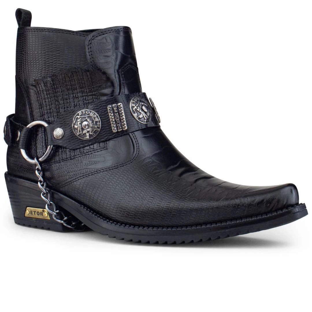 Real Leather Cowboy Ankle Boots With Chain