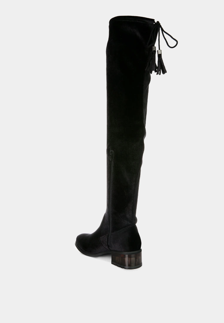 rumple velvet over the knee clear heel boots