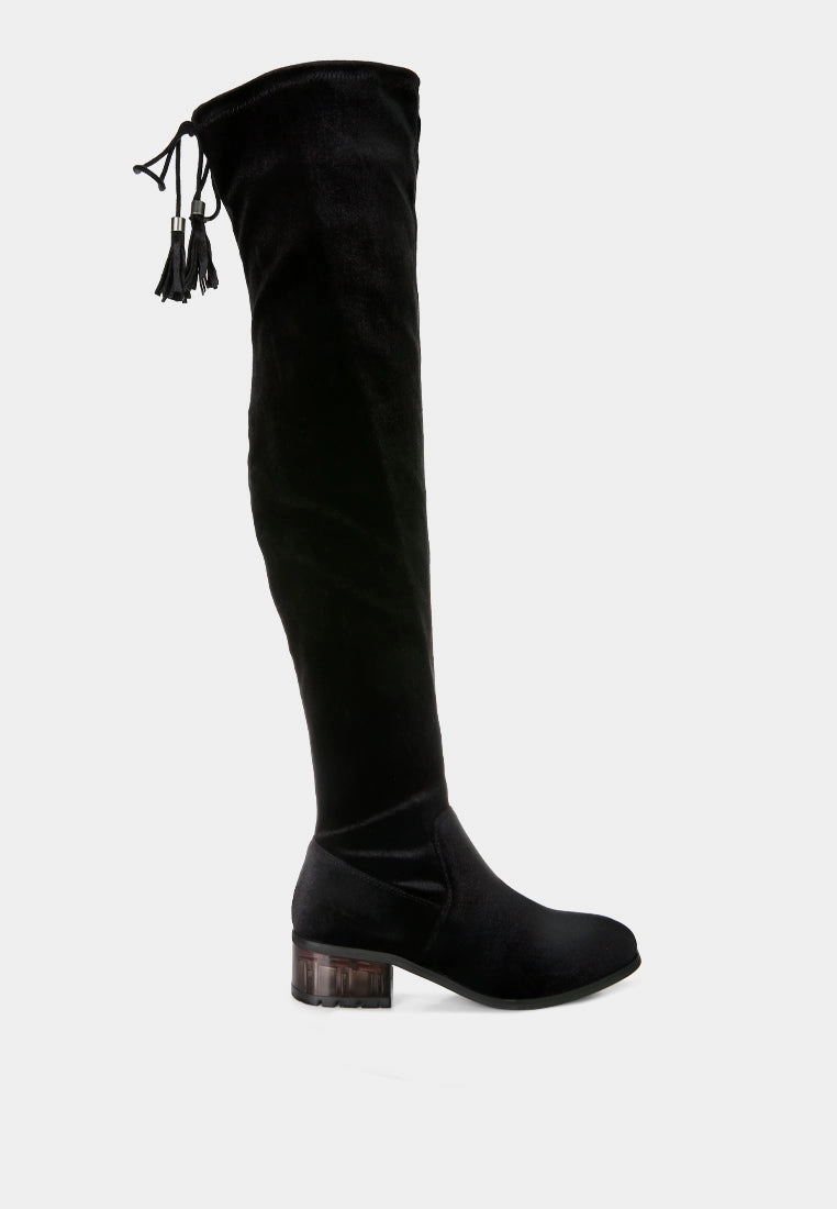 rumple velvet over the knee clear heel boots