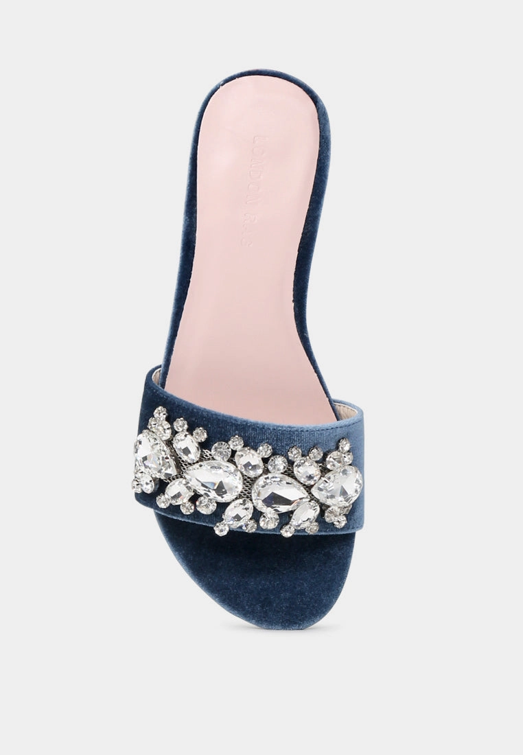 sally women's blue flat embellished sandals