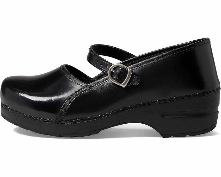 Sanita Clare Clogs Women's US 7 Black Leather Round Toe Adjustable Buckle ZPO830 (Black,7)