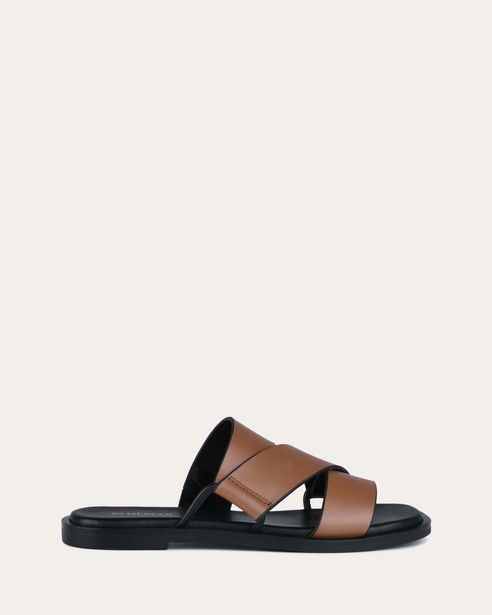 SHELBY FLAT SLIDES DARK TAN LEATHER Womens Sandals on sale
