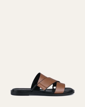 SHELBY FLAT SLIDES DARK TAN LEATHER Womens Sandals on sale