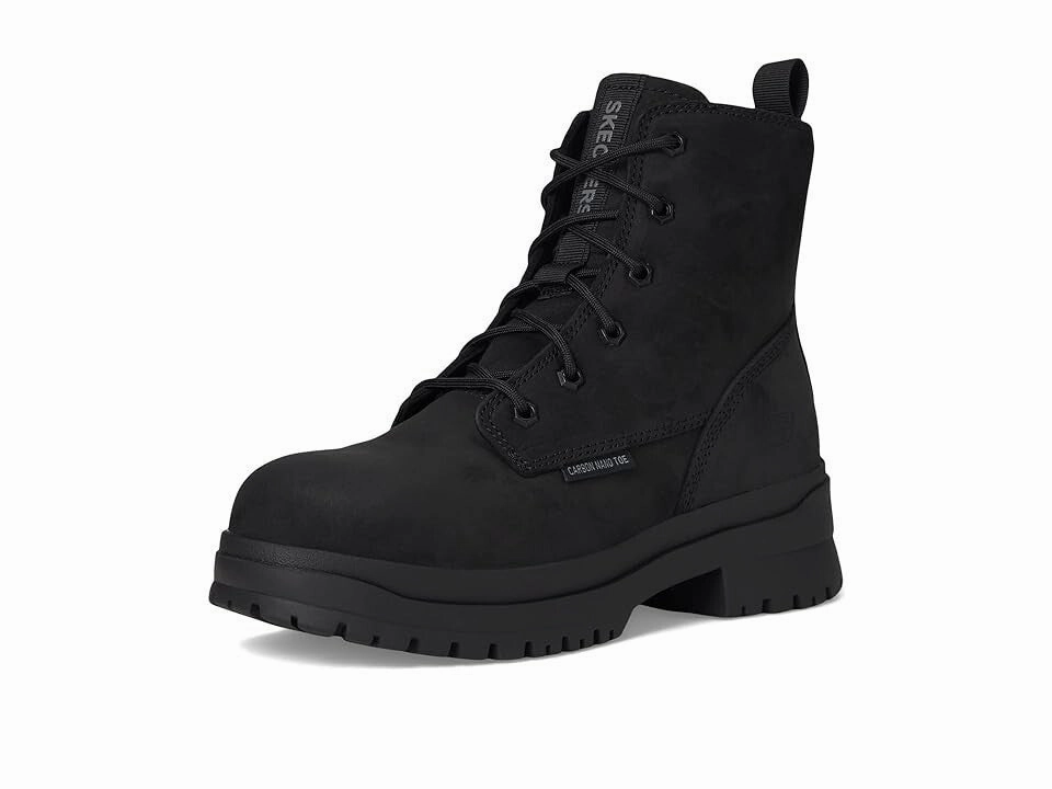 Skechers Foxgrove Women 8.5 Black Leather Memory Foam Comp Toe Work Boot ZOGG112